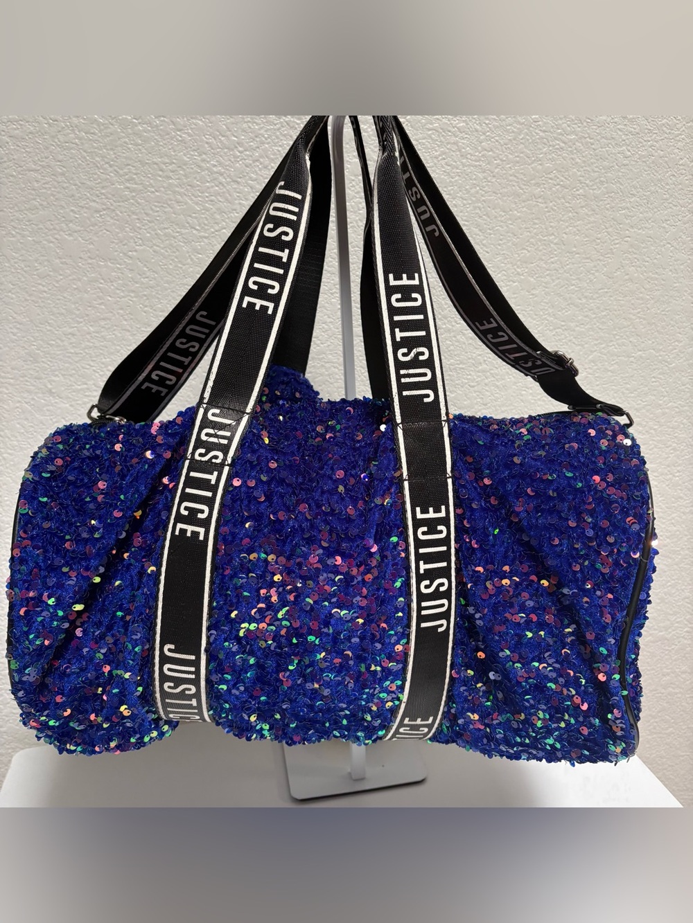 Justice Iridescent Blue Sequin Duffel with Black Logo Straps